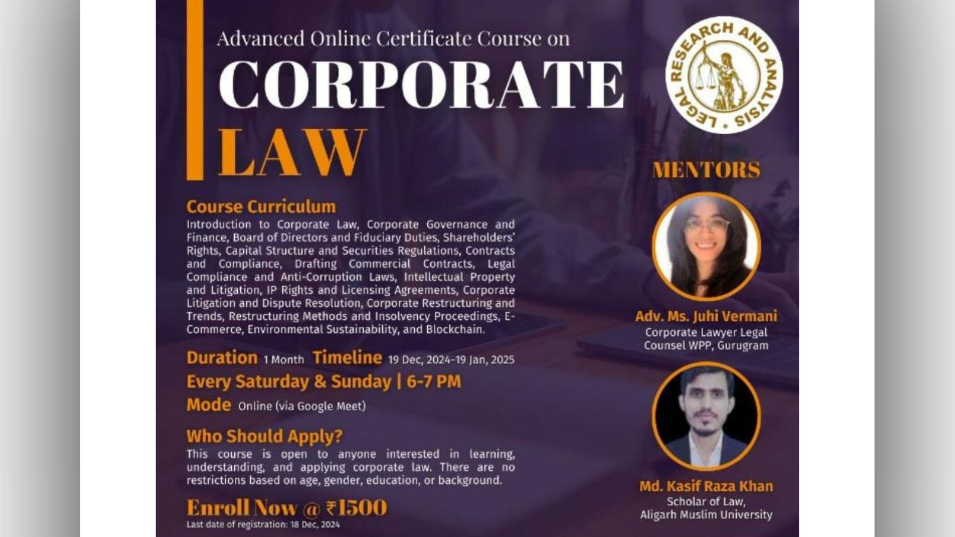 [Advt.] Legal Research And Analysis: Advanced Certificate Course On Corporate Law