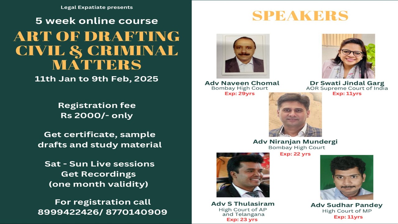 [Advt.] 5 Week Online Certificate Course On Art Of Drafting Of Civil And Criminal Matters [11th Jan To 9th Feb]